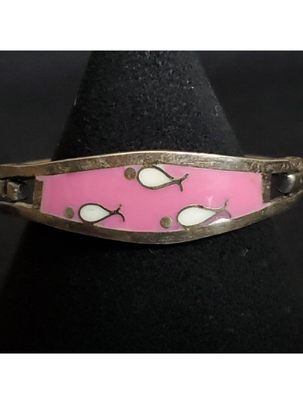 Vintage Childs Bracelet Pink Enamel Bangle Silver Tone Alpaca Mexico 5"